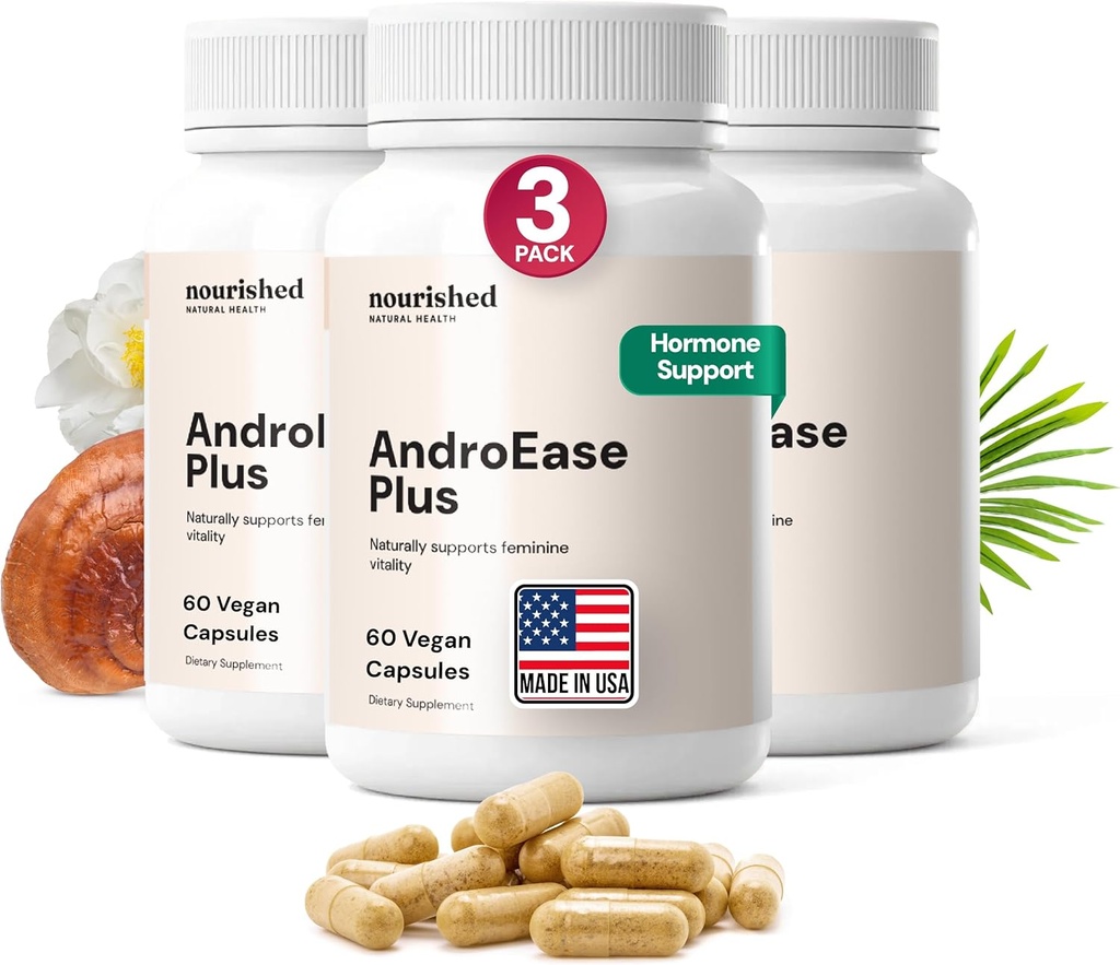 Nourished AndroEase Plus - Natural Balance Supplement for Women - Wegan Formuła z Cynk & Saw Palmetto - 180 Kapsułek dla Daily Wellness & Vitality - Made in USA