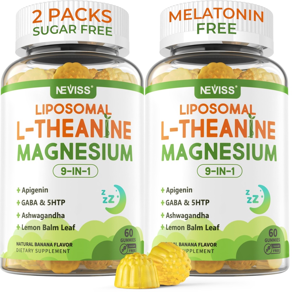 Liposomal L- Theanine 200mg Magnezu Glicynian 400mg Gummie z GABA, 5HTP, Apigenin, Witamina B6 & D3, Ashwagandha, Lemon Balm Leaf, Melatonin Free Sleep Chewable for Relax Mood & Muscle, 2 opakowania