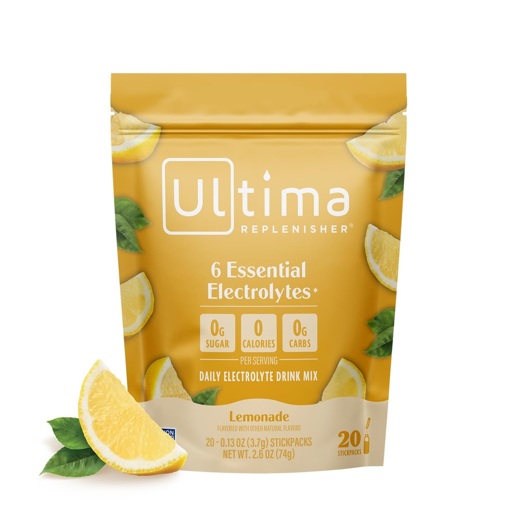 Ultima Replenisher Daily Electrolyte Powder Drink Mix - Cukier wolny - Lemoniada, 20 Stickpack - Pakiety nawadniające z 6 Kluczowe elektrolity i Minerały śladowe - Keto Friendly, Wegan, Non-GMO