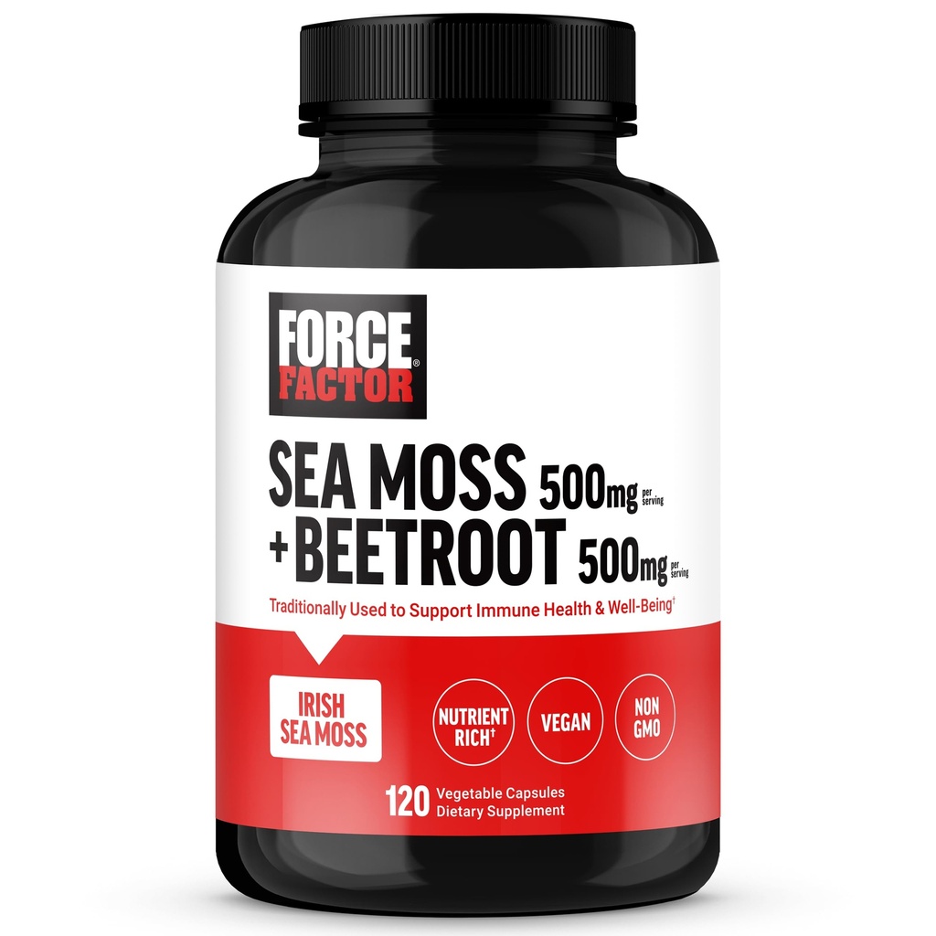 FORCE FAKTOR Irish Sea Moss + Beet Suplement korzeniowy do wspierania odporności, cyrkulacji, Natural Energy, Heart Health, z przeciwutleniaczami, Non-GMO, Wegan- Friendly, Soy- Free, 120 Kapsułki roślinne