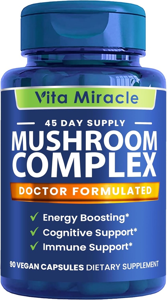 Mushroom Supplement Capsules - 10x Mushroom Complex z Lions Mane Cordyceps Shiitake Reishi Mushrooms Supplements - Wszystkie naturalne Herbal Vitamins Extract Pills for Focus Energy and Brain 90 Kapsułki