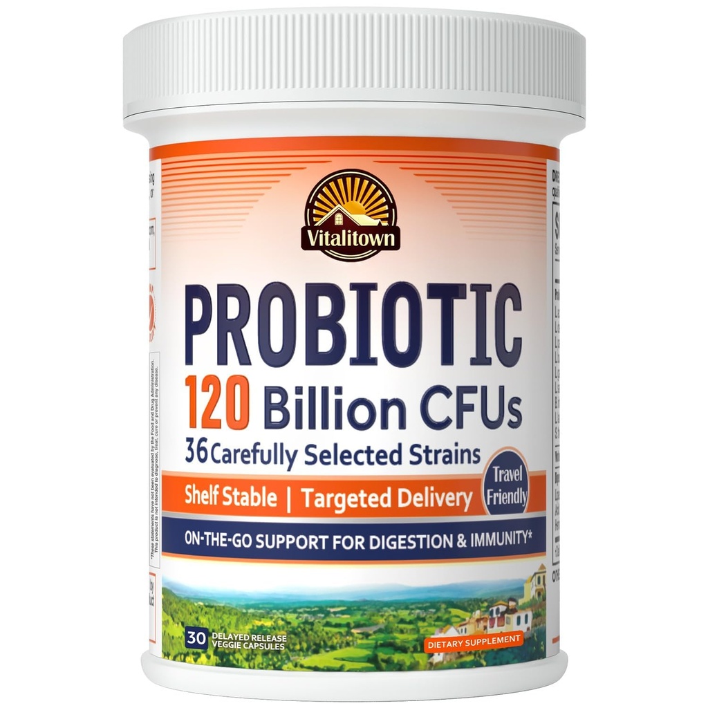 Vitalitown Probiotyki 120 Milion CFU, 36 Szczepów, Prebiotyki, Enzymy Żywieniowe dla Kobiet, Opóźnione Release, Szafka Stable, On The Go Digestive Support, 30 Czapki Veg