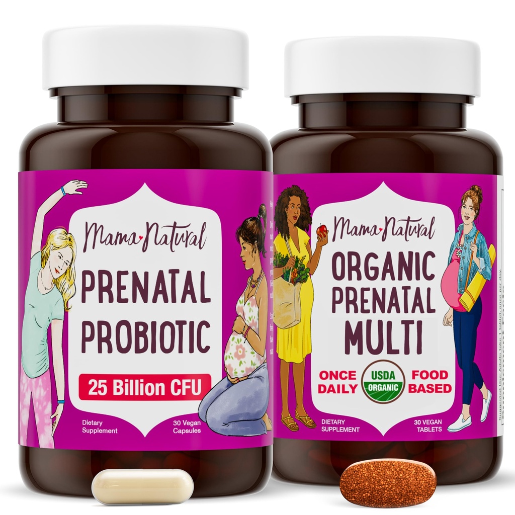 Mama Natural Prenatal Bundle - Organiczne witaminy prenatalne dla kobiet + ukierunkowane probiotyki dla ciąży & Poppartum Wellness - Tylko 2 pigułki dziennie - Vegan & Non-GMO (30 Day Supply)