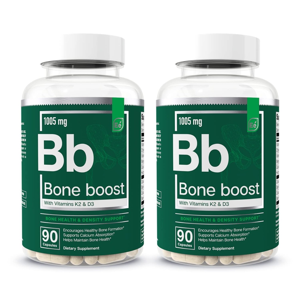 Esencjonalne elementy Bone Boost Bone Health Supplement - Support Kości i suplement wapnia z witaminą D 3, K2, Cissus Quadrangularis dla wytrzymałości kości - 180 kapsułek (60 Day Supply) (2- Pack)