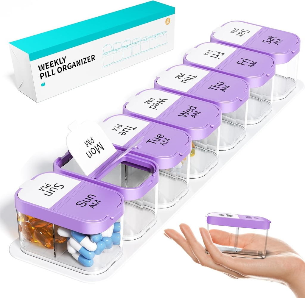 Odaro Extra Duży Weekly Pill Organizator 2 razy dziennie, Pill Box 7 dzień Am Pm do przechowywania codziennej witaminy i suplementów lekarskich - fioletowy