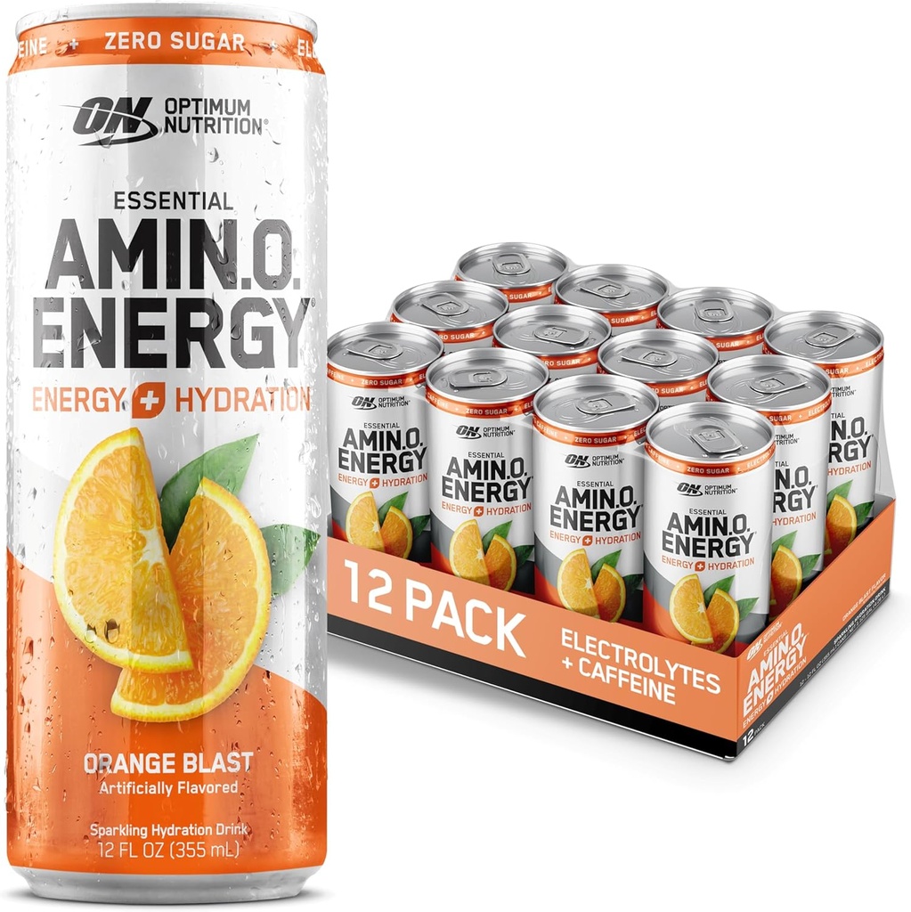 Optimum Nutrition Amino Energy Sflaging Hydration Drink, Electrolytes, Kofeina, Amino Acids, BCAA, Sugar Free, Orange Blast, 12 Fl Oz, 12 Pack (Packaging May Vary)