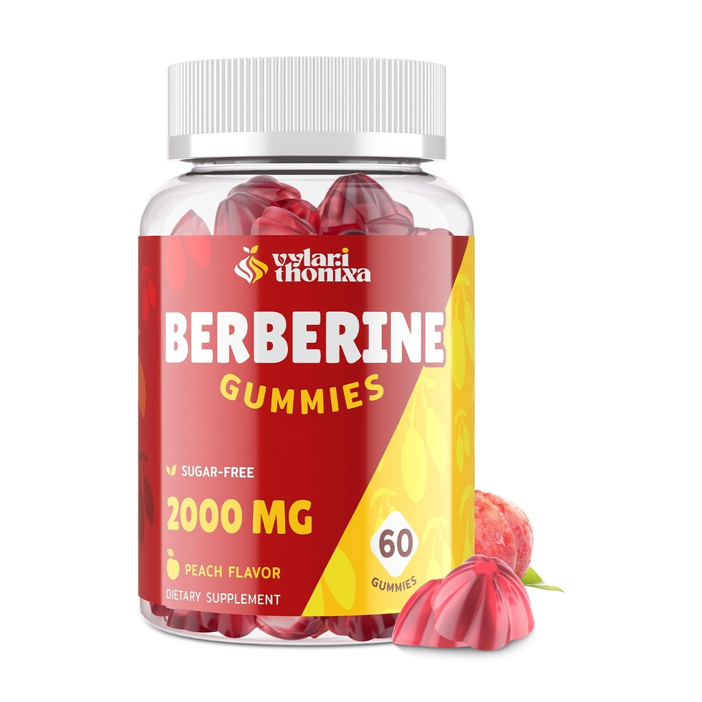 2000mg Gummies Berberine Supplement - Wysoka potencja Berberine z Ceylon Cynamon Candy, Turmeric, Magnez, Chrom - Sugar Free, Wegan, Non-GMO, Gluten- Free - Peach Flavor 60 Gummies - 1 opakowanie