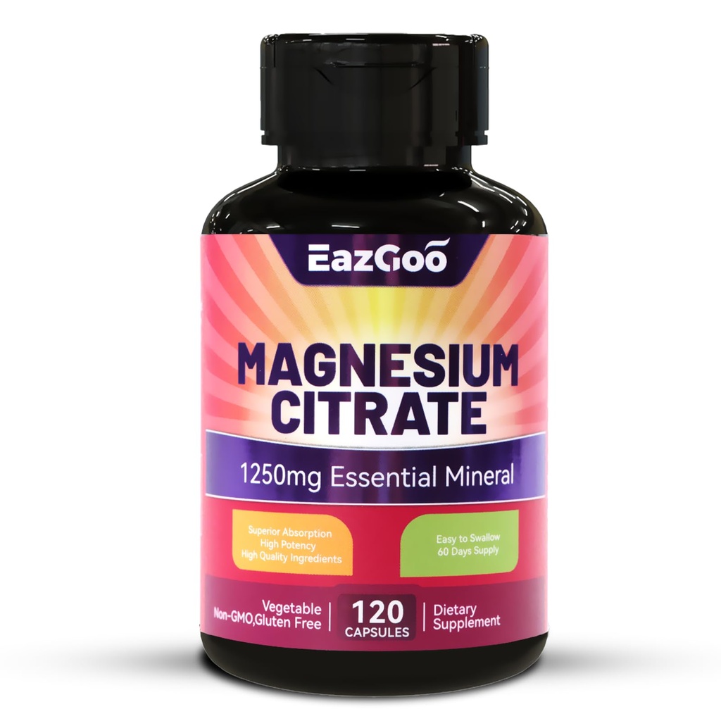 Magnezu Cytrynian Kapsułki 1250mg, Wysoka Absorpcja Magnezu Cytrynian Suplement z Magnezu Elemental, Dodatkowa siła Magnezu Suplement, Nie-GMO, Gluten- Free, 120 Kapsułki roślinne