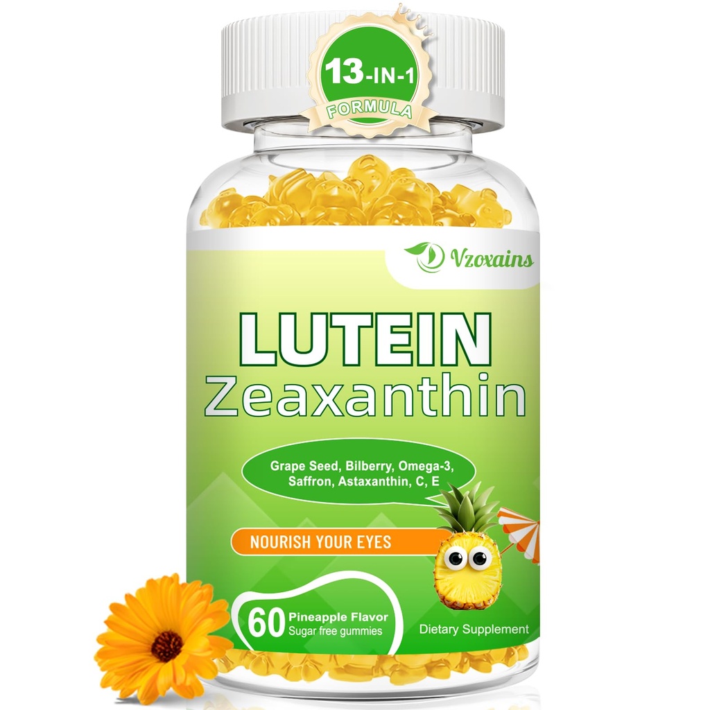 Luteina 20 mg z Zeaksantyną Gummie, Luteina i Zeaksantyna Suplementy z Witaminy Oko C, E, Borówka dla Eye Health - 60Cts