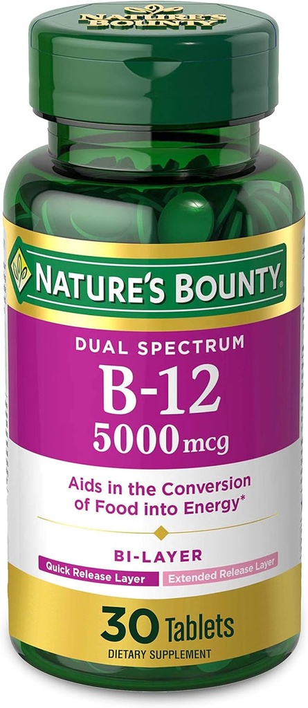 Witamina B12 według Bounty przyrody, dwuwarstwowy suplement diety, szybkie uwalnianie i rozszerzane uwolnienie, Wspomaga metabolizm energii i zdrowie układu nerwowego, 5000mcg, 30 tabletek