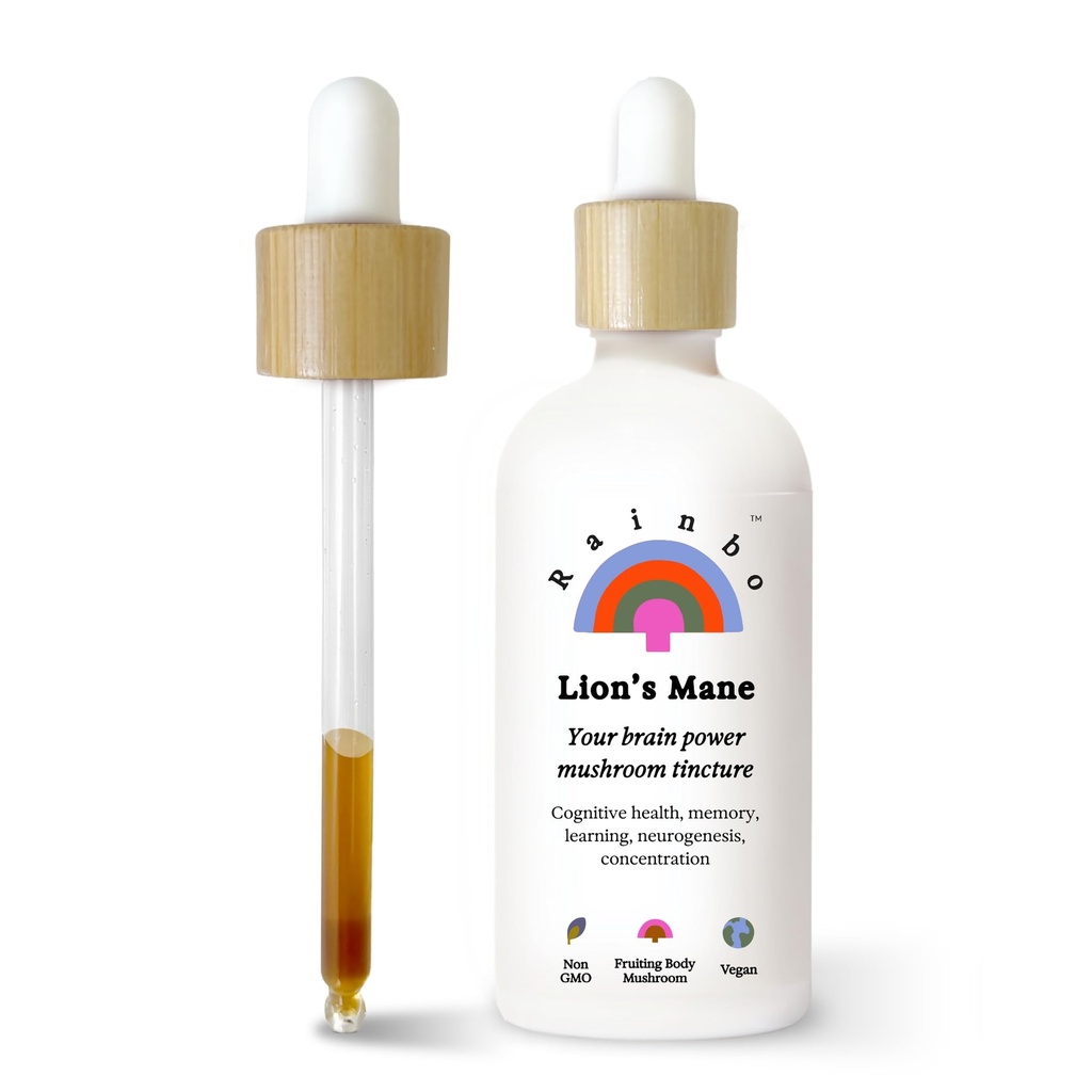 Rainbo - Lion 's Mane Mushroom Tincture - Alkohol - Dual Extract Mushroom Supplement - Wsparcie dla mózgu, Focus, Pamięć, Lion' s Mane Supplement, Wegan, Nie GMO, 3.4 fl oz