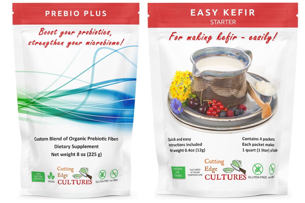 Cutting Edge Cultures Prebio Plus + Kefir Starter Culture Prebiotic Fiber Powder Best Custom Mix of Organic Prebiotic Fibers Dietetic Supplement (1 Prebio Plus + 1 Kefir 20g)