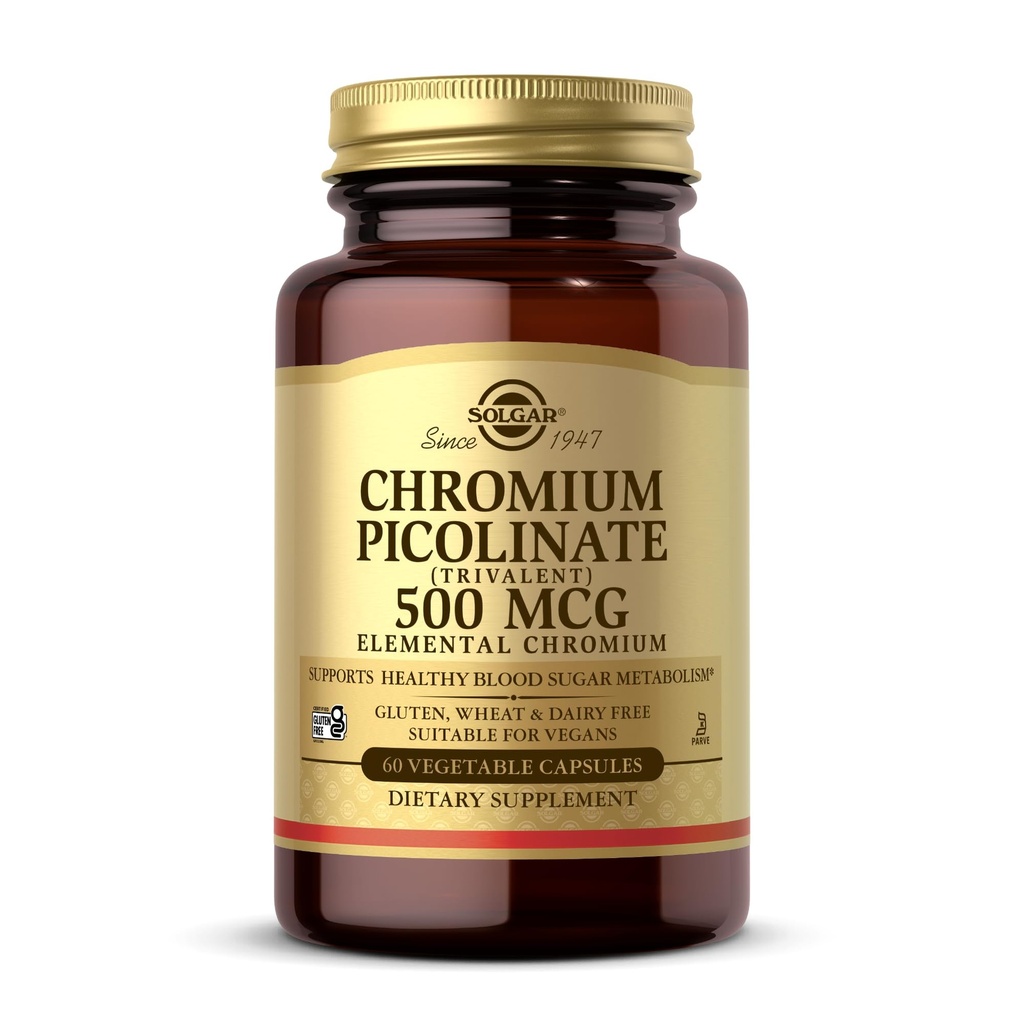 Solgar Chrom Pikolinat 500 µg - 60 Kapsułki roślinne - Supports Sugar, Fat & Protein Metabolizm - Non-GMO, Gluten Free, Kosher - 30 Słupki