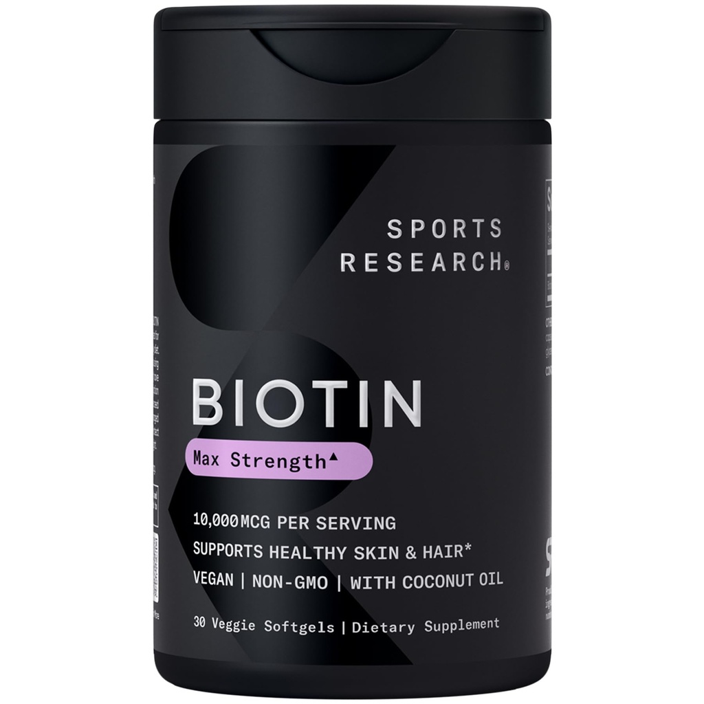 Sport Research ® Biotin 10,000mcg z organicznym olejem kokosowym - Biotyna (Witamina B7) dla zdrowej skóry i wsparcia włosów * - dla kobiet i mężczyzn - Wegan, Non-GMO, Gluten & Soy- Free - 30 Veggie Softgels