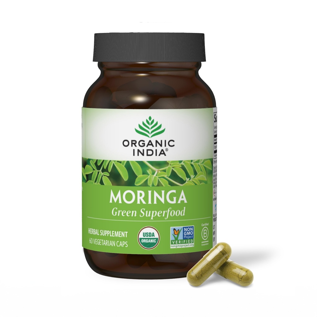 ORGANIC INDIA Moringa Kapsułki Organiczne - Moringa Suplement - Zielony Superfood, Moringa Liść Kapsułki, Czysty Supergreen, Wegan Zielonych, Nature 's Multivitamin, Wegan, Gluten- Free - 60 Kapsułki