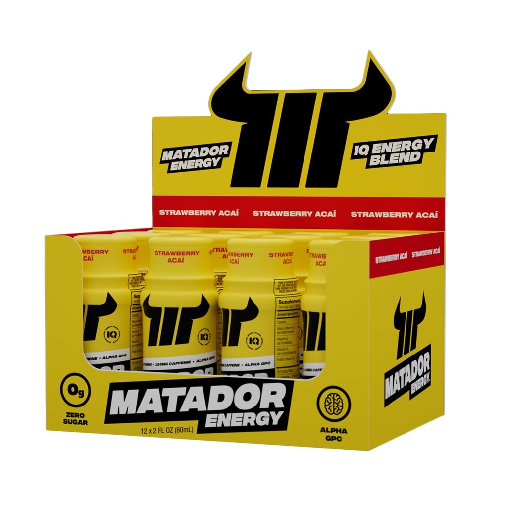 MATADOR Energy Shots Extra Siła Mini Energy Drinki w / B Kompleks Witaminy (Witamina B12- B9- B6- B3), Alpha GPC Nootropic IQ Energia, Ekstrakt kawy Fasola Kofeina Shots, 24 Energy Drink Truskawka Acai