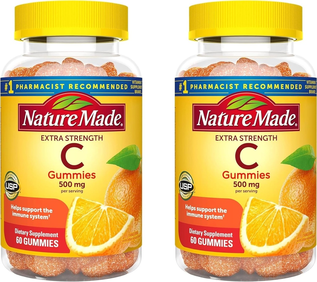 Nature Made Extra Siła Dawkowanie Witamina C 500 mg na serwowanie, Suplement diety do wsparcia immunologicznego, 60 Gummies, 30 Day Supply (Opakowanie 2)
