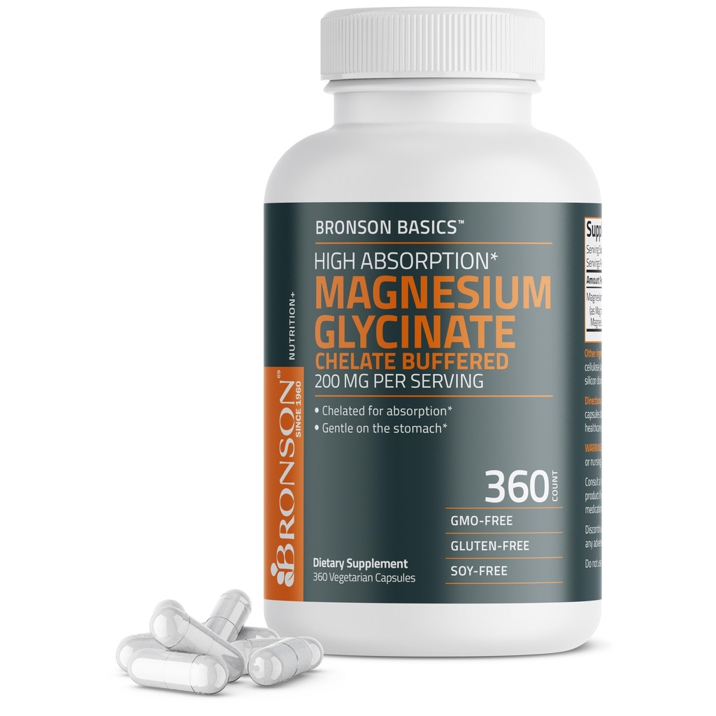 Bronson Magnezu Glycinate 200mg Wysoka absorpcja Chelated Buffered Gentle On The Stomach Non-GMO, 360 Kapsułki wegetariańskie