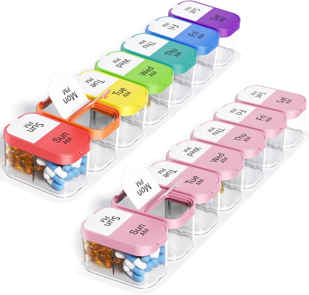 Odaro Extra Duży Weekly Pill Organizator, XL Pill Box 7 dzień AM PM, Jumbo Medicine Organizator 2 razy dziennie, aby utrzymać codzienne leki, Witaminy i suplementy, Rainbow & Pink / White (Zestaw dwóch)