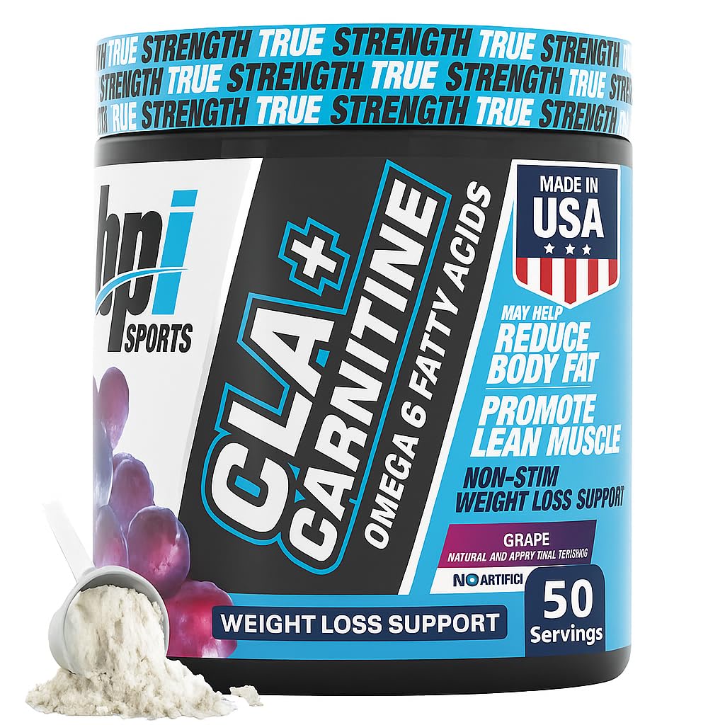 BPI Sport CLA + Karnityna - CLA L Karnityna i kwas linolowy - L Karnityna Suplement do utraty masy ciała, Metabolizm i Chude Mięśnie - Kofeina wolna - Grape - 50 Służenie - 12.34 oz