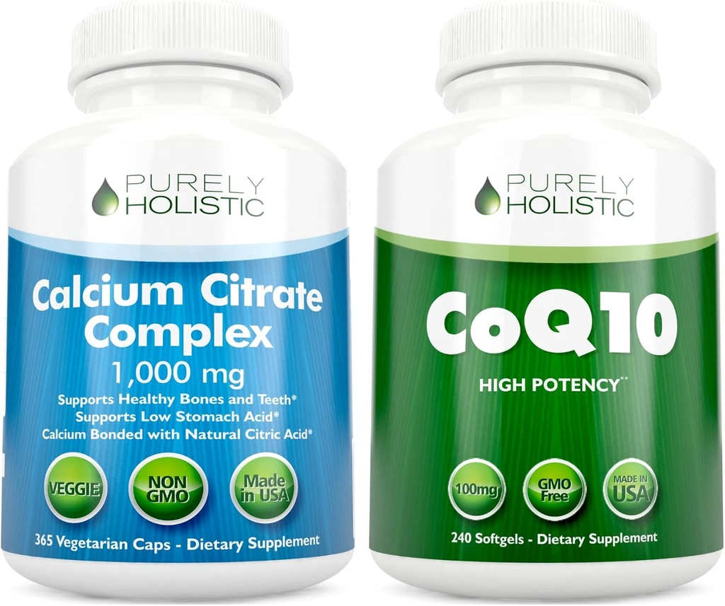 Wapnia Citrate Complex 1000mg + CoQ10 100mg - 365 Kapsułek wegańskich + 240 Pasek Softgeli - Bez witaminy D - Made in USA