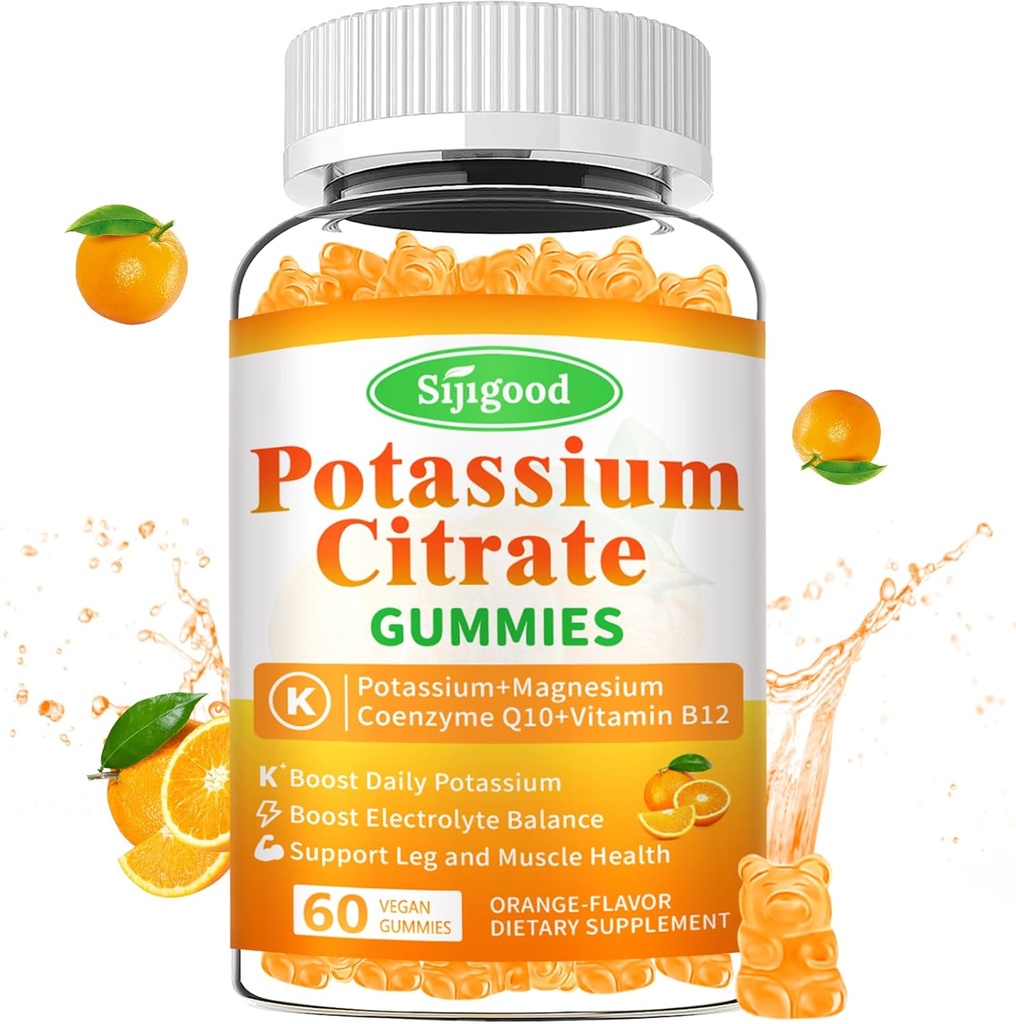 Gummeje z cytrynianu potasu - suplement potasu o wysokiej mocy dla zdrowia mięśni, leg Cramp Relief, równowagi elektrolitowej - Wegan, Non-GMO, Gluteny-Free, Pomarańczowy Flavor, 60 Count