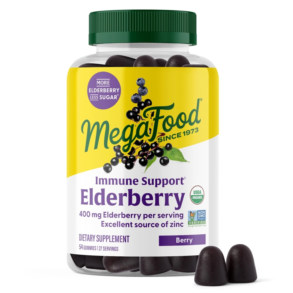 Megafood Elderberry Immune Supplement - Wegan Elderberry Gummies dla dorosłych - Made with Zinc and Real Food - Pectin- based, Gluten- Free, USDA Organic - 54 Gummies, 27 Służenia