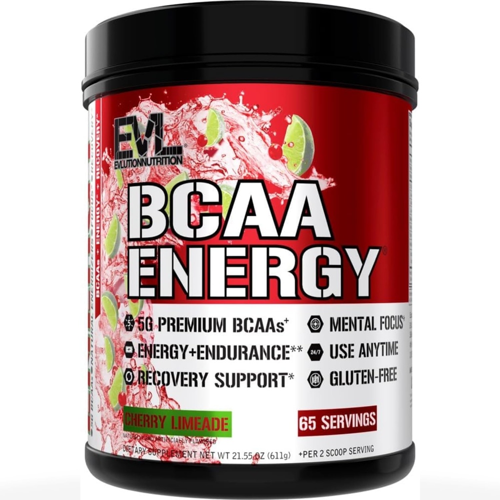 Evlution EVL BCAA Acids Powder - BCAA Energy Pre Workout Powder for Muscle Recovery Lean Growth and Endurance - Rewodnisty post Workout Recovery Drink z naturalną kofeiną - Cherry Limeade