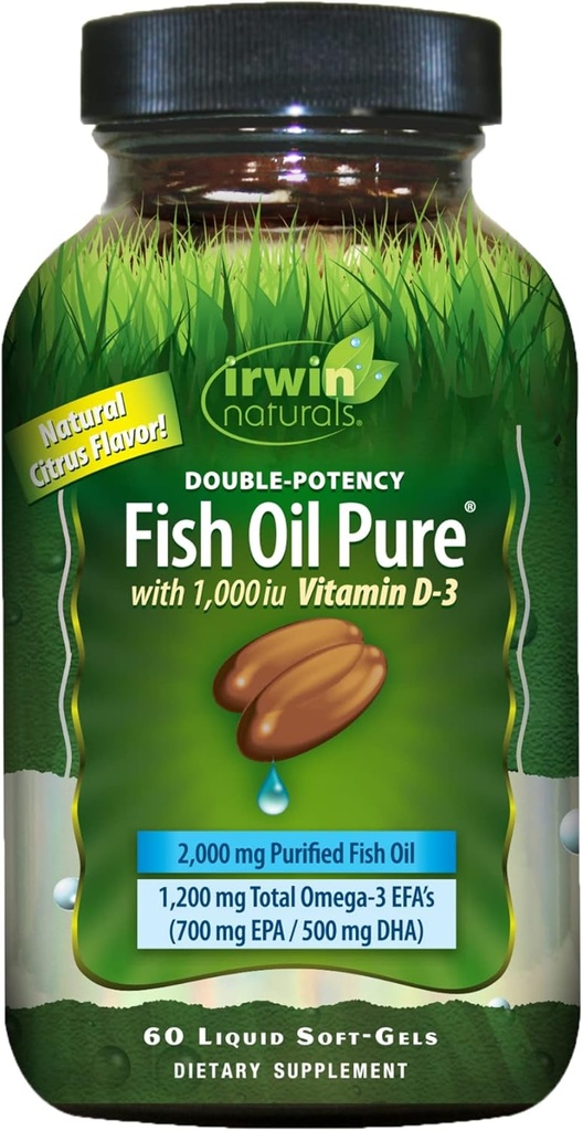 Double- Pottency Fish Oil Pure Irwin Naturals, Citrus Flavor z witaminą D-3, 60 Płynne żele soft-
