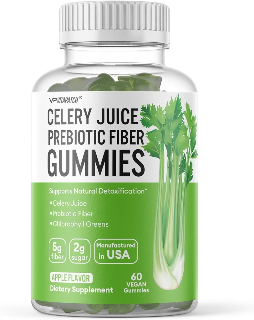 Sok selerowy Fiber Gummies dla dorosłych - Prebiotyczny Sok selerowy Gummy dla wsparcia detoksykacji & Supergreens Boost z Sok selerowy, Chlorofil, & Fiber prebiotyczny - 60 Count