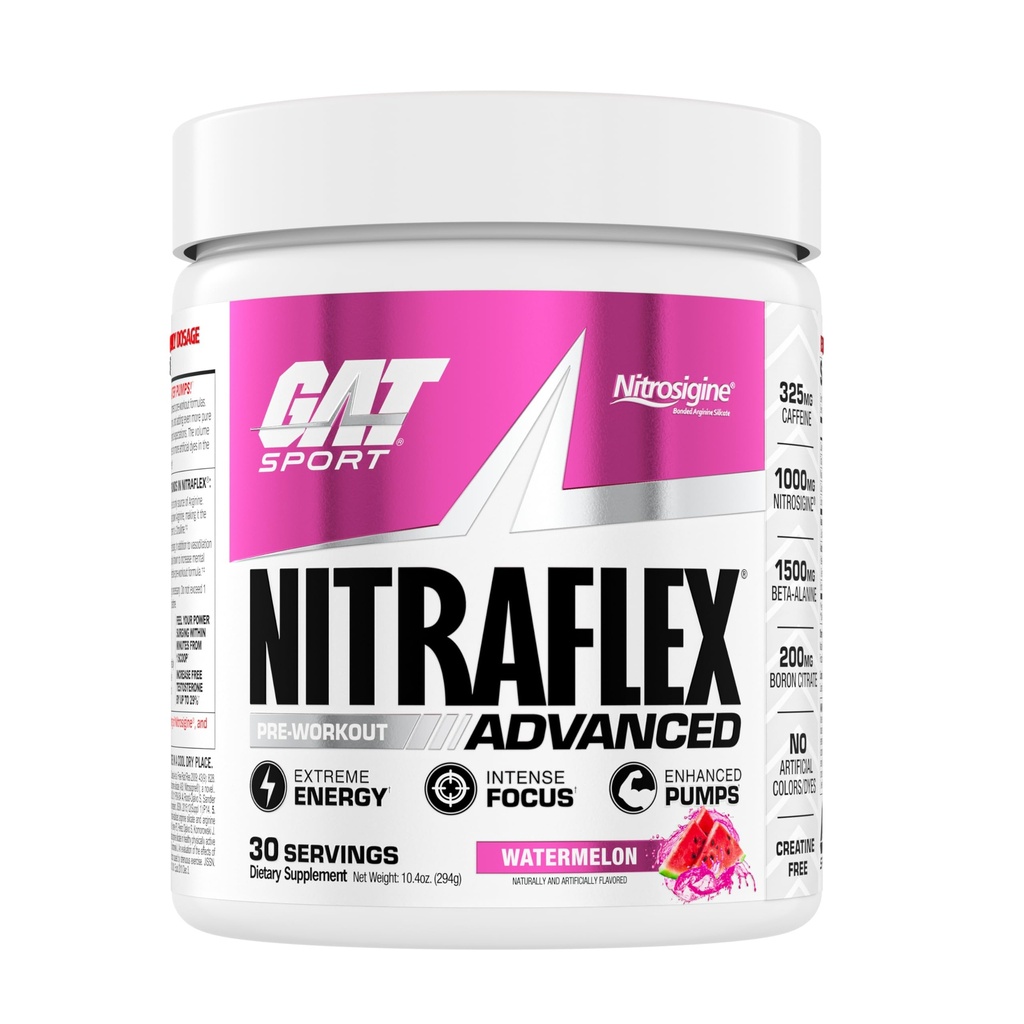 GAT SPORT Nitraflex Advanced Pre- Workout Proszek, Zwiększa przepływ krwi, zwiększa siłę i energię, poprawia wydajność ćwiczeń, wolna od tworzenia (Arbuz, 30 Służenia)