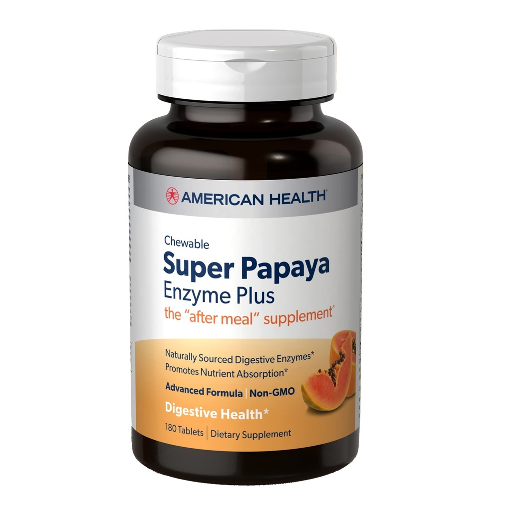 American Health Super Papaya Enzyme Plus - 180 tabletek do rozgryzania i żucia - Suplement po posiłku - Nie-GMO - 60 Servings