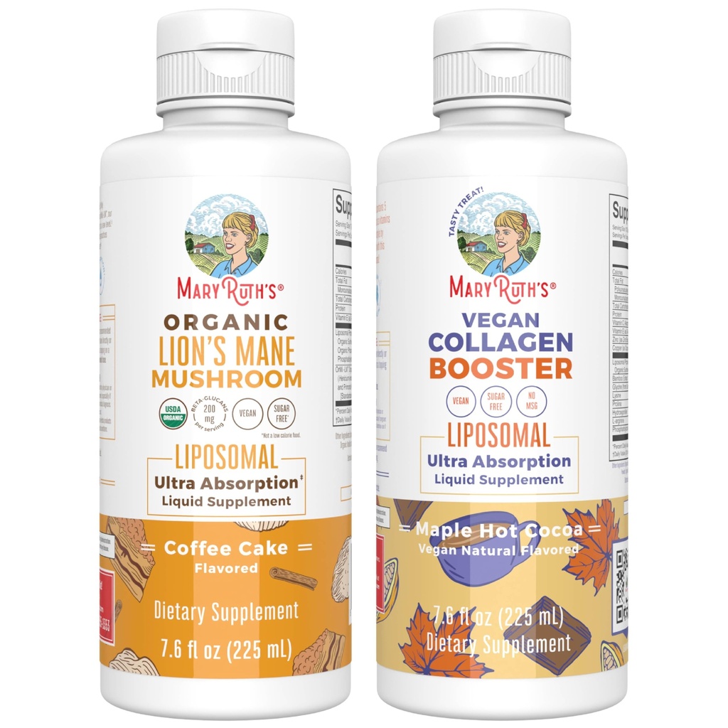 MaryRuth Organics Lion 's Mane Liposomal (Cake Coffee) & Colagen Booster Liposomal (Maple Hot Cocoa) Clean Label Project Verified ® Vitamin for Cognitive Support, Beauty & Joint Health, Vegan, Non-GMO