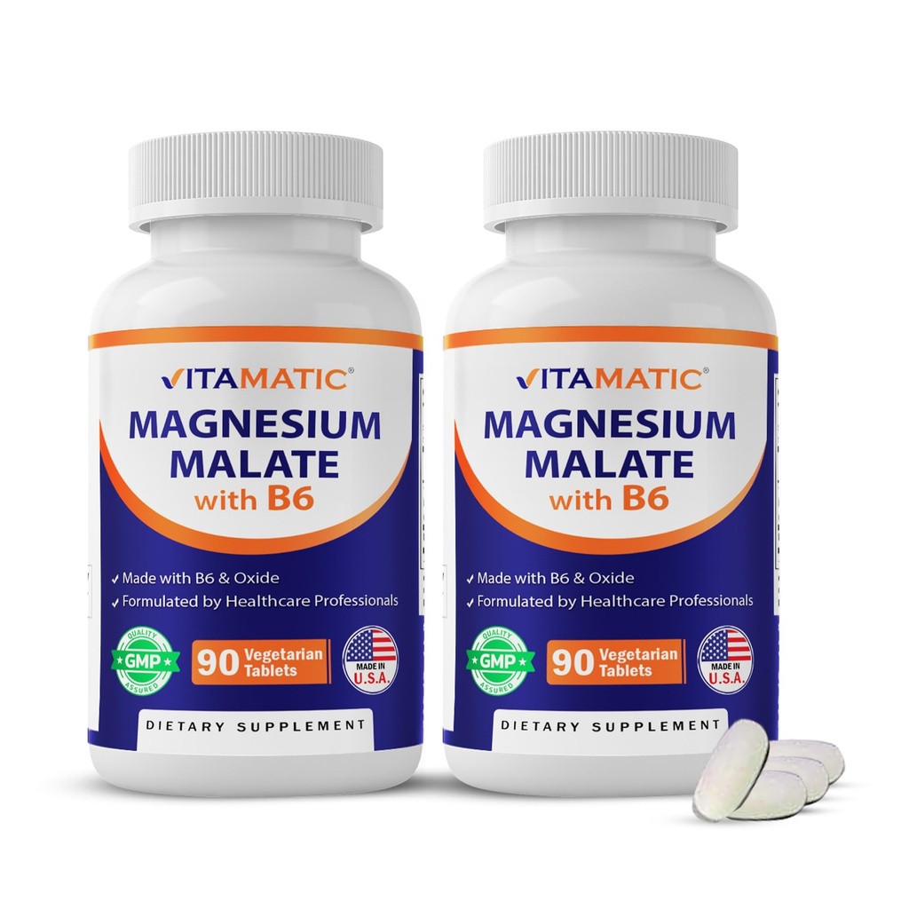 Vitamatic Magnezu Malate 2000mg per Serving - 90 Tabletki wegetariańskie - Dodano B6 dla maksymalnej absorpcji - Wspiera mięśnie, Joint, Heart Health * (2 Butelki, Unflavored)