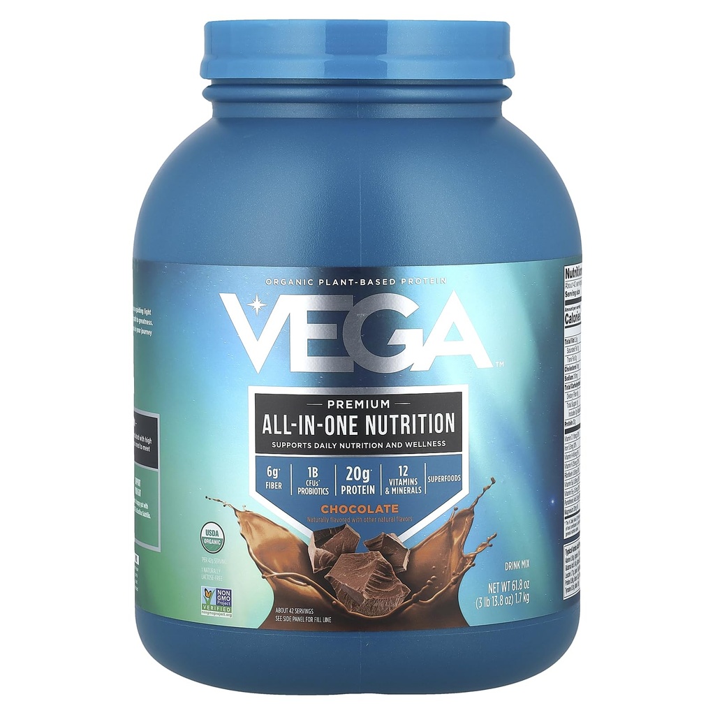 Vega All in One Nutrition Organic - 20g Białko grochu na bazie plantacji, Czekolada, 42 Słupki, Witaminy A & C, Probiotyki, Zielone, Wegan, Keto, Gluten Free, 61.8oz (Packaging May Vary)