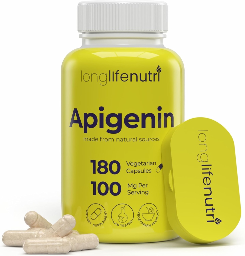 LongLifeNutri Apigenin 100mg - Natural Bioflavonoid from Chamomile Extract, 180 Kapsułki wegetariańskie, Suplement do snu, nastrojów, & Relaxation, 6- Month Supply, GMP Certified, Made in USA