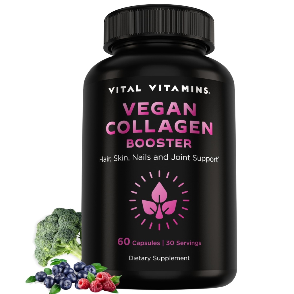 Vital Vitamin Vegan Colagen Booster - z krzemionką i kwasem hialuronowym - Na bazie Plant- Kolagen Suplementy - Wspiera włosy, Skóra, Nails & Joints - 60 Kapsułki