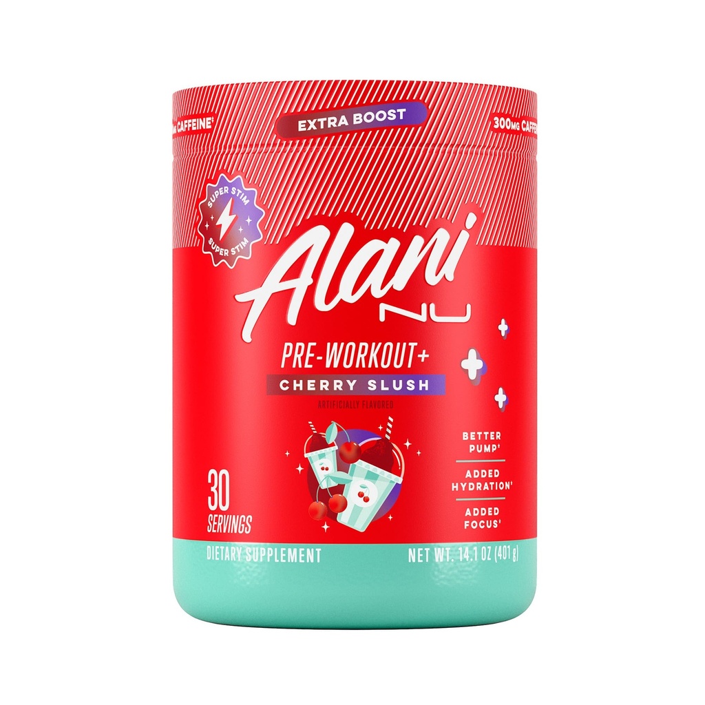 Alani Nu Pre Workout + Proszek wiśniowy Slush, Dodatkowy Boost, Cukier wolny, 300 mg kofeiny, L- Theanine, Beta- Alanina, Cytrulina, 30 Służenie