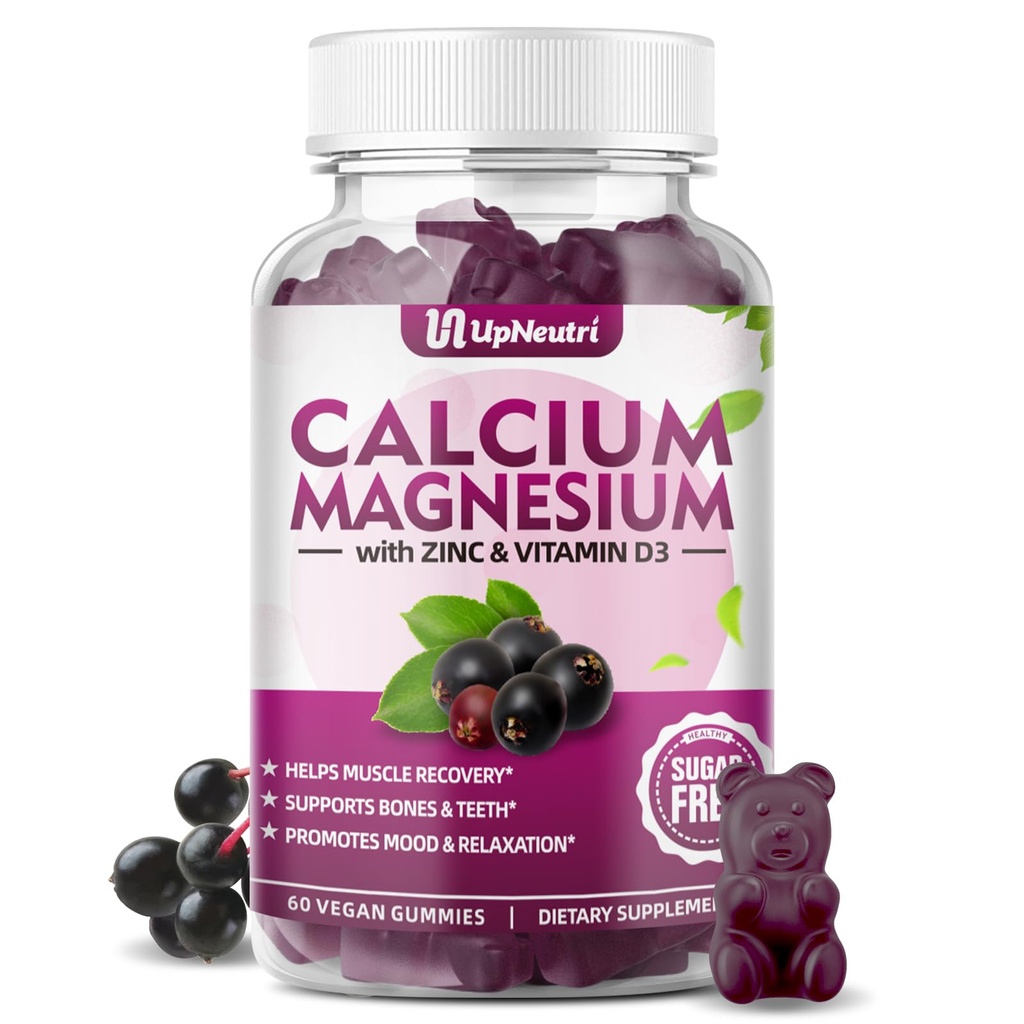 Cynk wapnia Magnezu z dodatkiem witaminy D3, Gummeje wapnia bezcukrowe dla kobiet, Gummeje cynku wysokiej absorpcji dla kości i mięśni i zdrowia immunologicznego, Wegan Elderberry Flavor - 60 Count