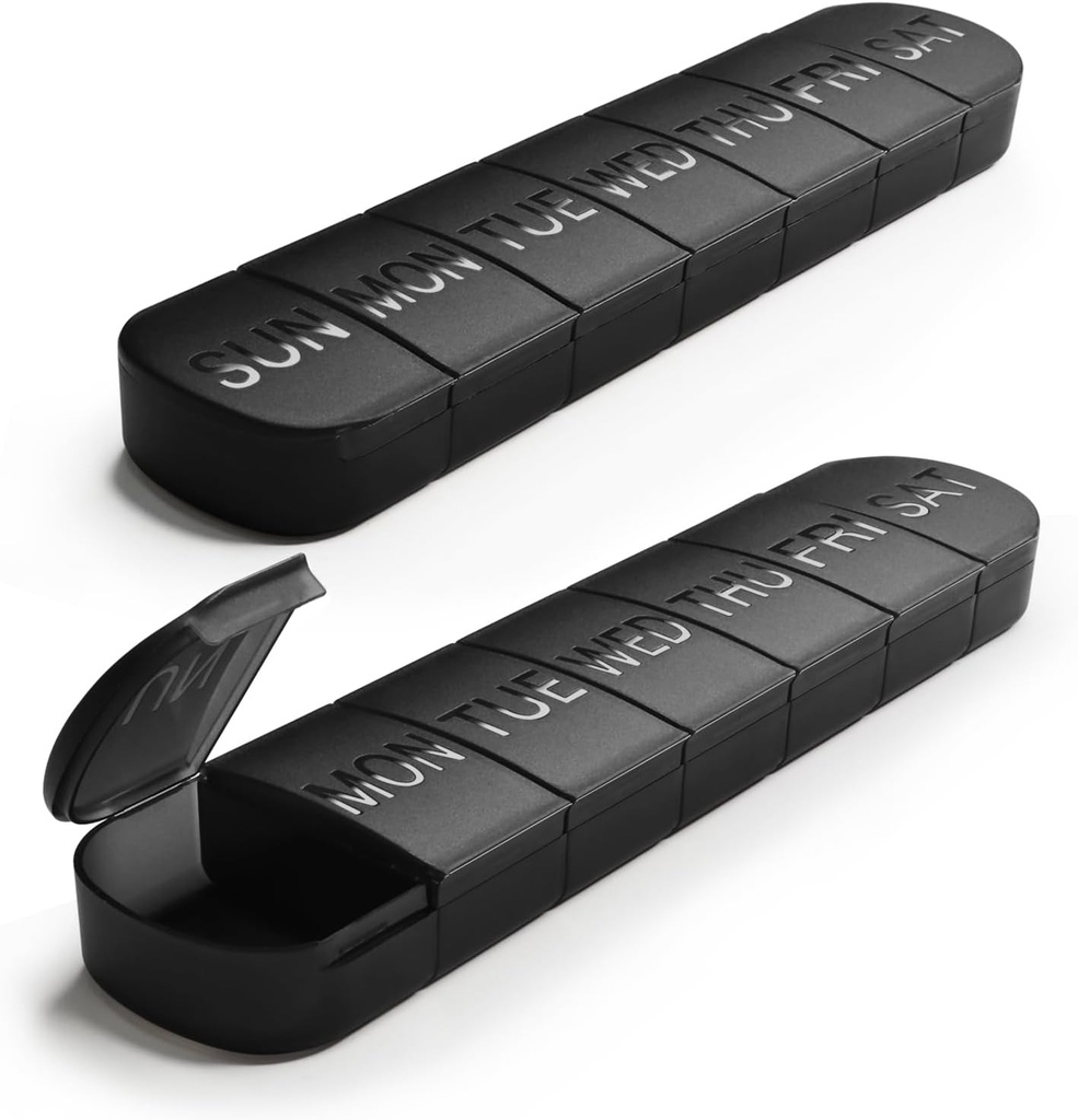 2-pack 7-dniowe pudełko z wytłoczonymi etykietami, odpornymi na ścieranie, nieprzezroczystymi linami (czarne i czarne)