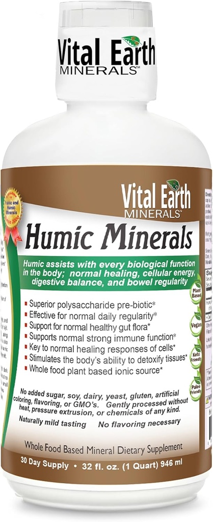 Vital Earth Minerals Humic Minerals - Suplement kwasu Fulvic z 70 + Minerały śladowe, Elektrolity do odzyskiwania i równowagi, 32 Oz + 1 Oz Cup