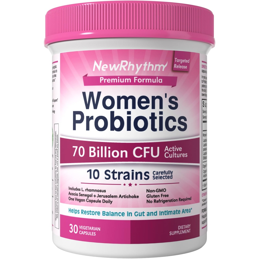 Probiotyki NewRhythm Kobiety, Prebiotyki Organiczne, 70 Miliard CFU 10 Szczepy, Probiotyki waginalne dla zdrowia moczowego i pokarmowego, 30 Kapsułki wegańskie, No Bloating