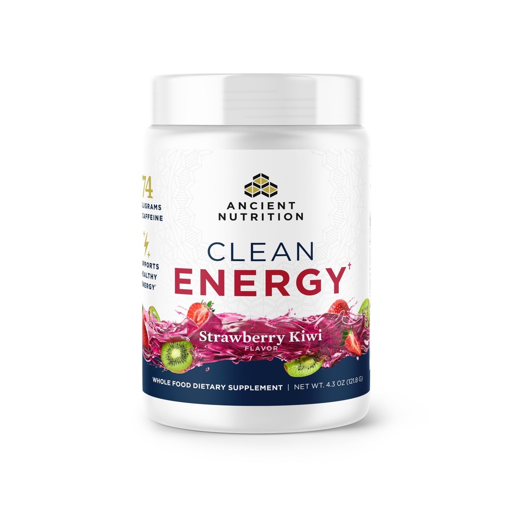 Ancient Nutrition Clean Energy Powder, Strawberry Kiwi, Supports Healthy Energy and Cognitive Health, Promotes Mental Alertness and Focus, 30 Servings