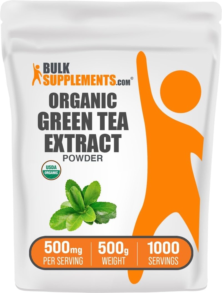 BulkSupplements.com Organic Green Tea Extract Powder - Organic Green Tea Powder, suplement polifenoli - Vegan & Gluten Free, 500mg na jedną porcję, 500g (1.1 lbs) (Opakowanie po 1)