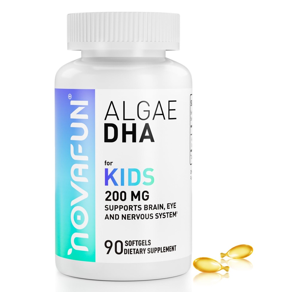 Algal Sourced Omega-3 & DHA Softgels for Kids, Brain, Eye and Heart Health, Cognitive & Immune Function, Learning, Social Development - Non-GMO - 200 mg - 45 Day Supply - 90
