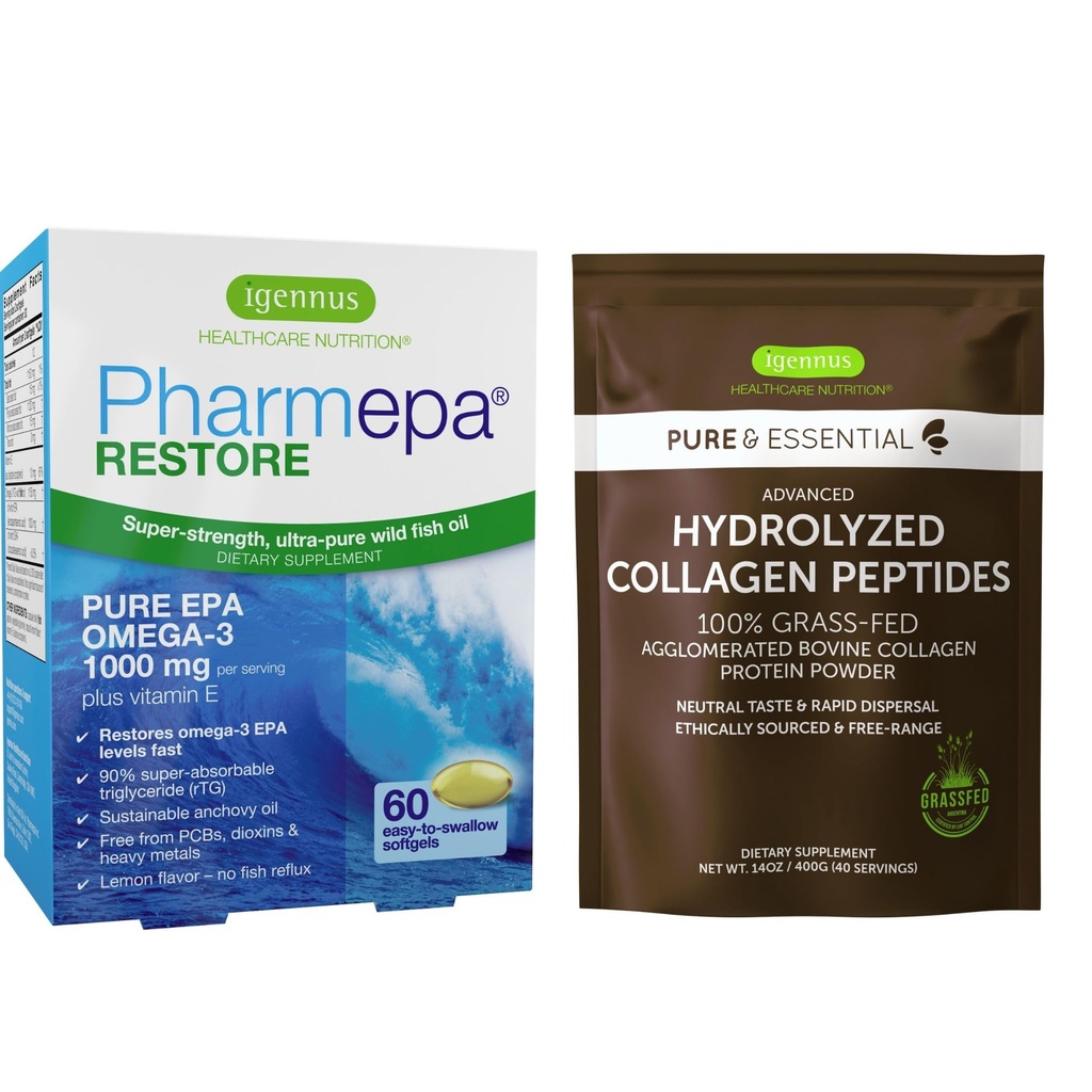 Pharmepa Restore & Advanced Zhydrolizowany Kolagen Peptydes Bundle, 1000mg Pure EPA Omega-3 Fish Oil & 100% Pasza trawiasta Kolagen Białko w proszku, przez Igennus