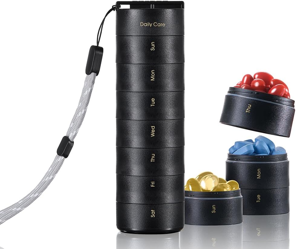 Ankomn Travel Organizator Witaminy - Stackable Daily Organizator z bezpieczną Twist Lid, szczelny i lekki dla On- The-. Trwały BPA- wolny materiał, Wielki dla pigułek, Suplementy i Witaminy (Czarny)