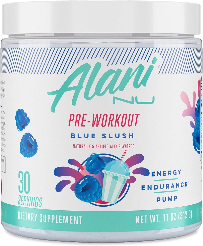 Alani Nu Pre Workout Proszek Blue Slush, Amino Energy Boost, Endurance Supplement, Sugar Free, 200mg Kofeina, L- Theanine, Beta- Alanine, L- Citruline, 30 Służenie