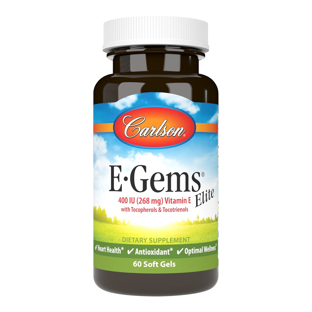 Carlson - E- Gems Elite, 400 j.m. Witamina E z Tokoferolami i Tokotrienolami, Heart Health & Optimal Wellness, Przeciwutleniacz, 60 miękkich żel
