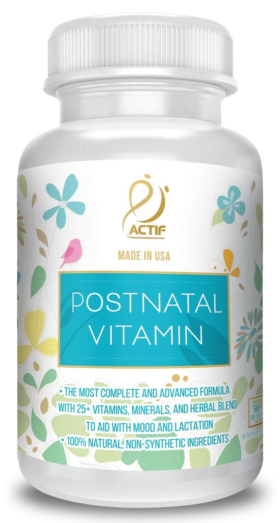 ACTIF Witamina poporodowa z 25 + Witaminy organiczne i Zioła organiczne, Pielęgnacja i Laktacja Suplement, Wspiera rozwój mózgu dziecka, Non-GMO, Made in USA, 90 Count